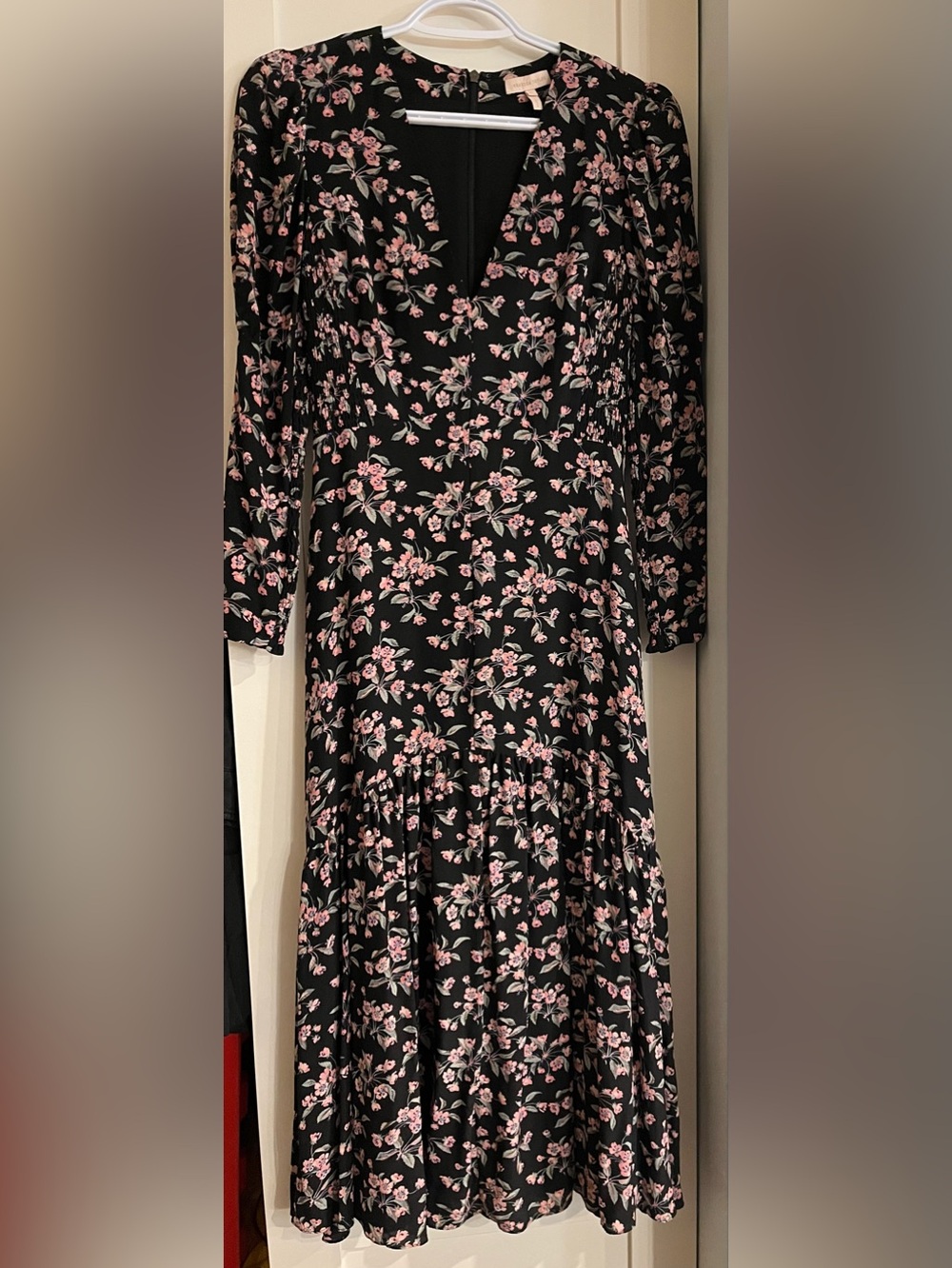 Rebecca Taylor Tilda 100% Silk Black and Pink Cherry Blossom Print Midi Dress